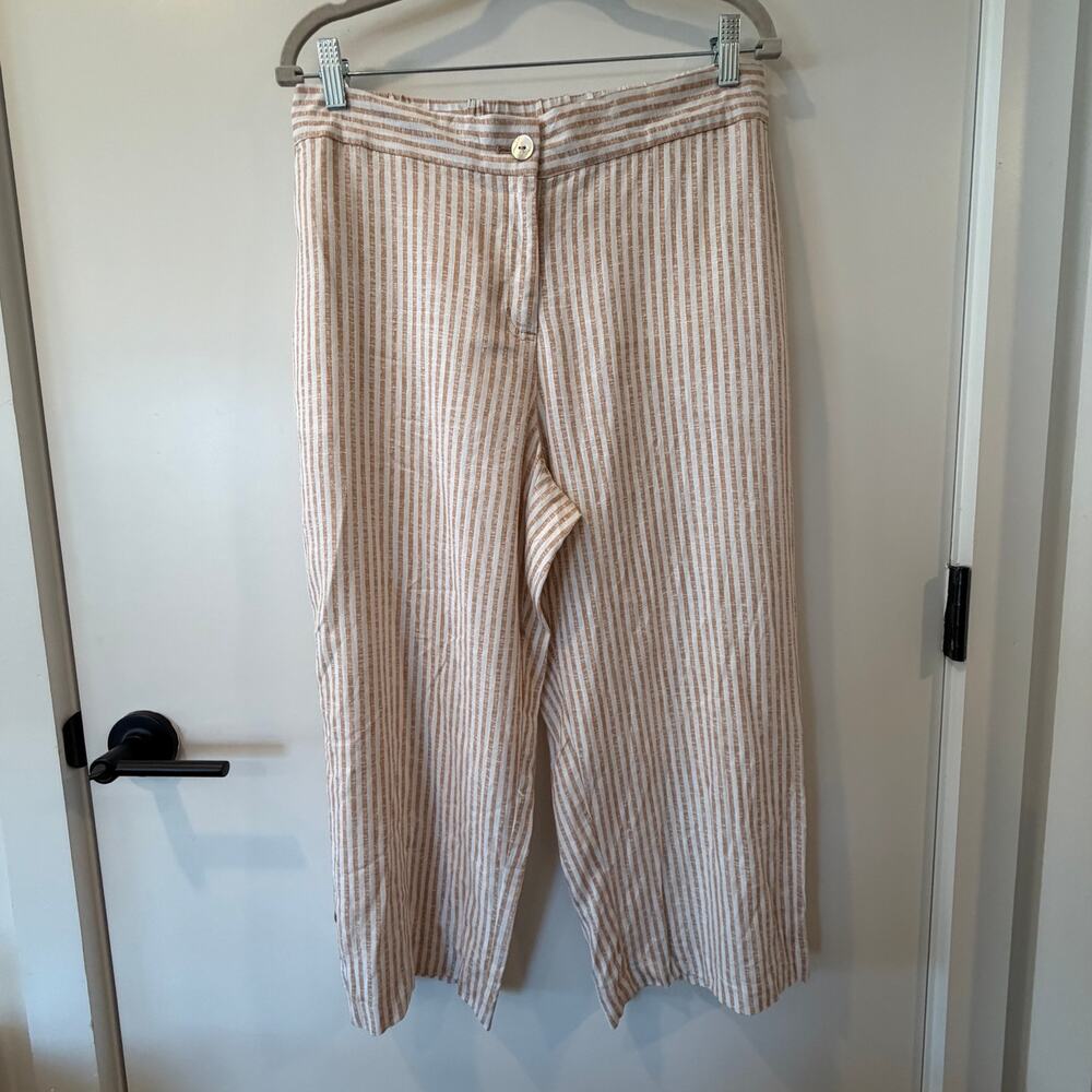 Ruby Rd Petite Size 10 Linen Pants White Striped Button Shell Detail Wide Leg